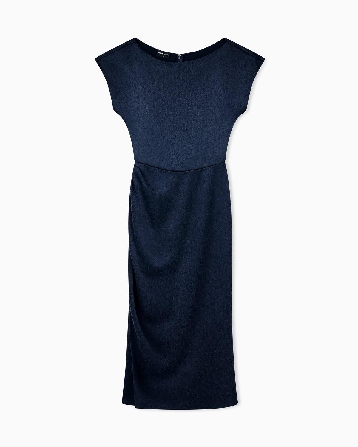 Dress with crew neck in hammered satin and draped shoulder