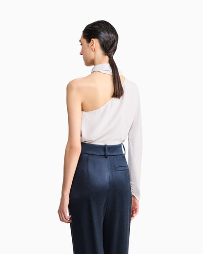 One-shoulder shirt in silk triple georgette with a sash