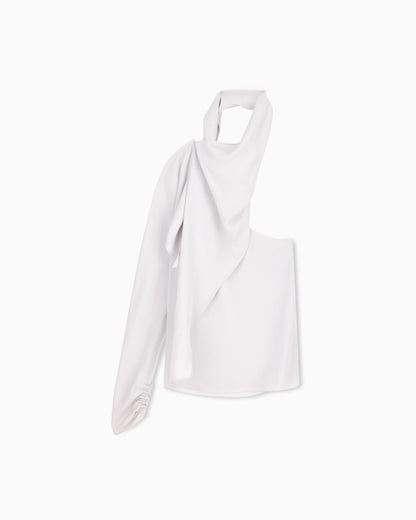 One-shoulder shirt in silk triple georgette with a sash