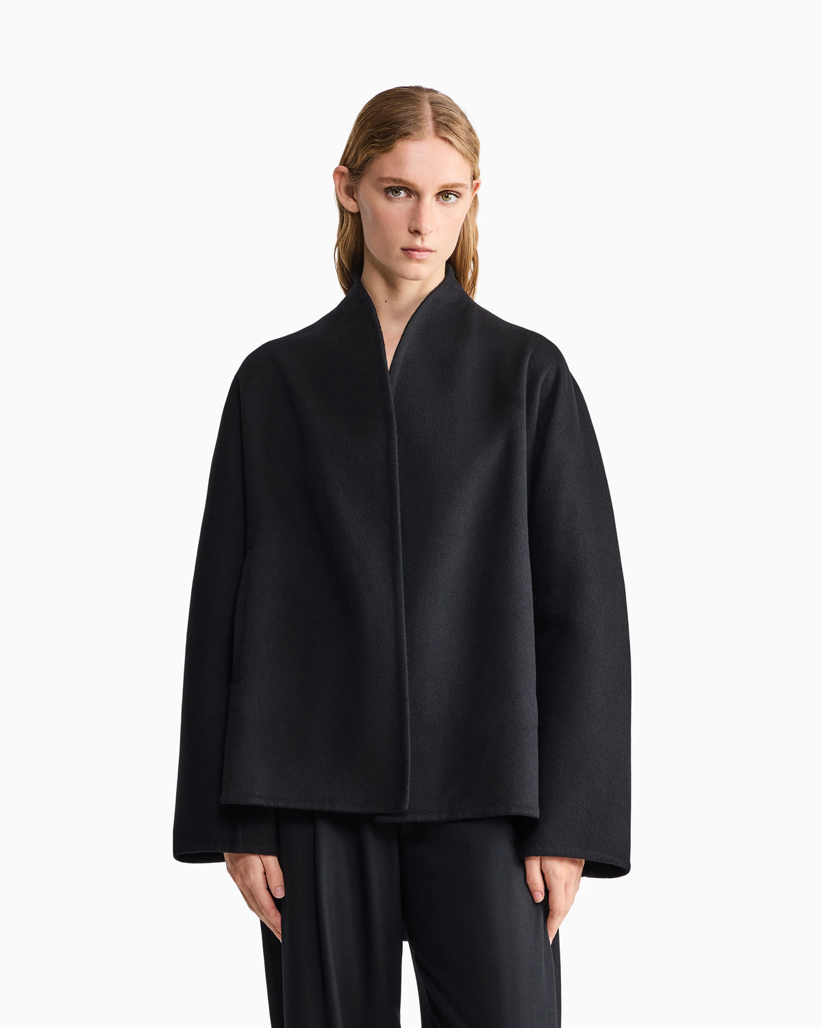 Pea coat in heavy double cashmere with a shawl collar
