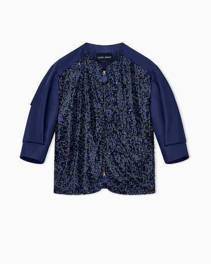 Embroidered cropped coat in silk shangtung with beaded front