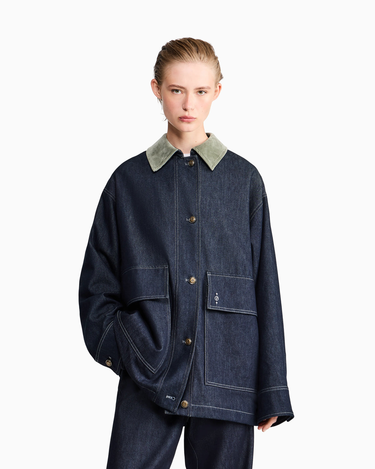 Caban coat oversized fit reactive denim and virgin wool