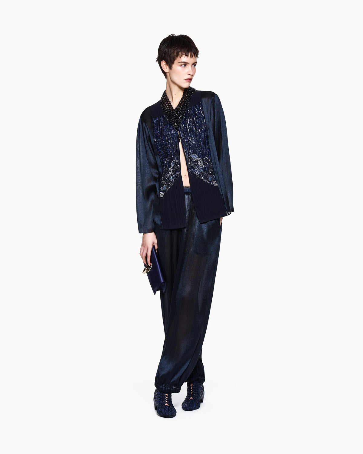 Oversized lamé silk pants with elastic waist and cuffs