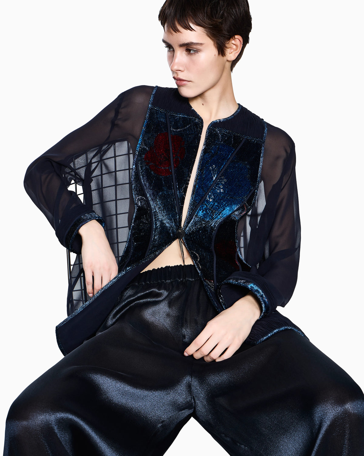 Oversized lamé silk pants with elastic waist and cuffs