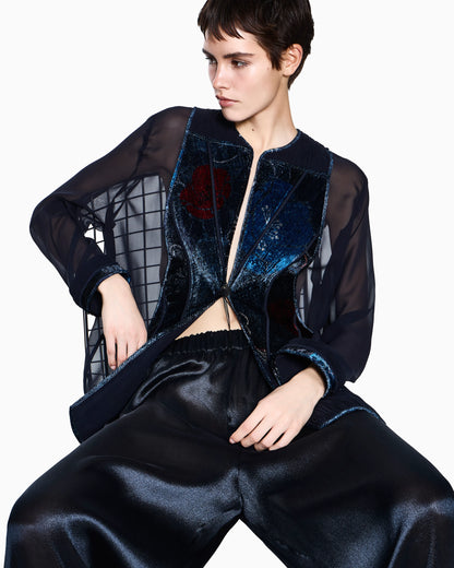 Oversized lamé silk pants with elastic waist and cuffs