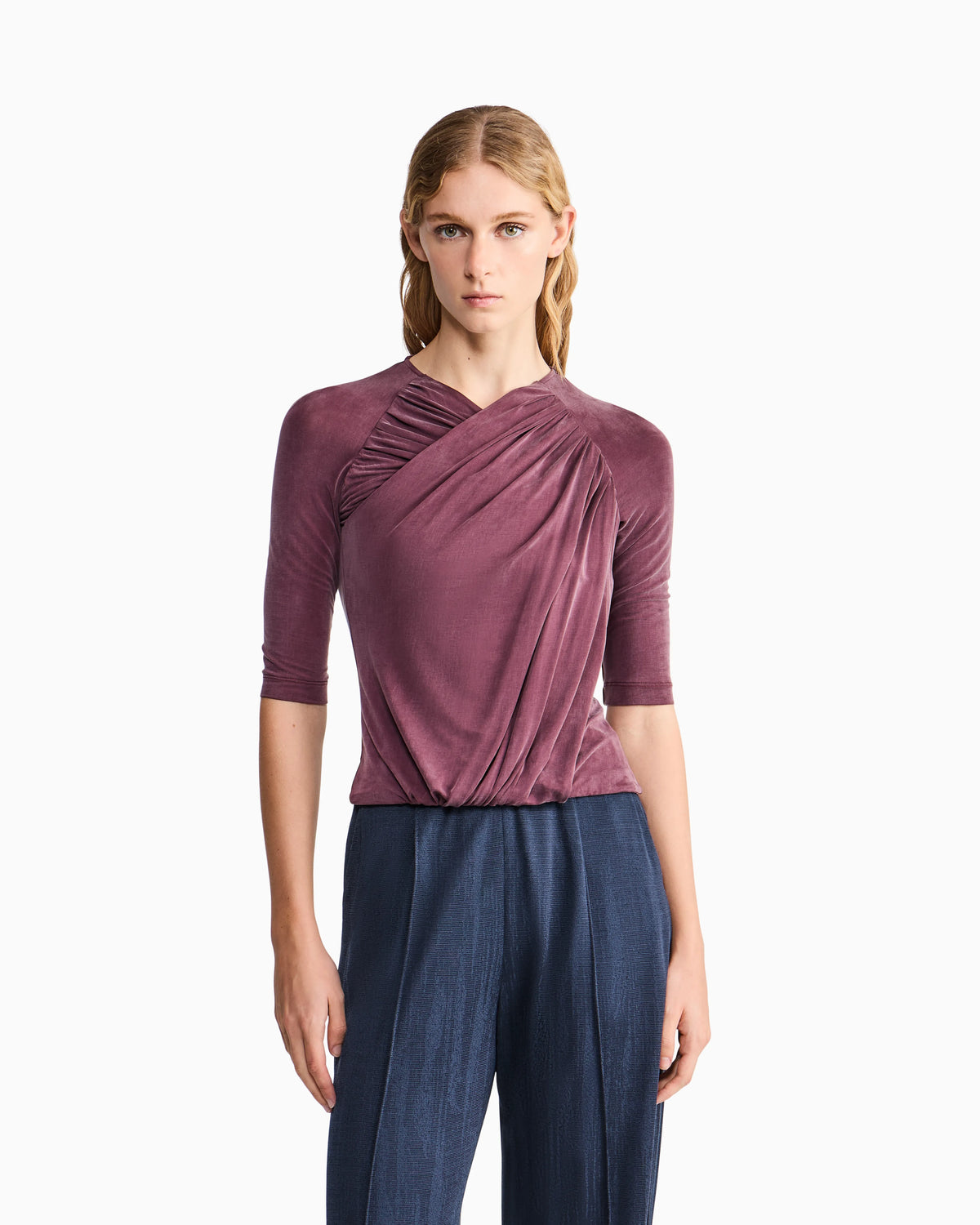 Long-sleeved cupro jersey top with draping