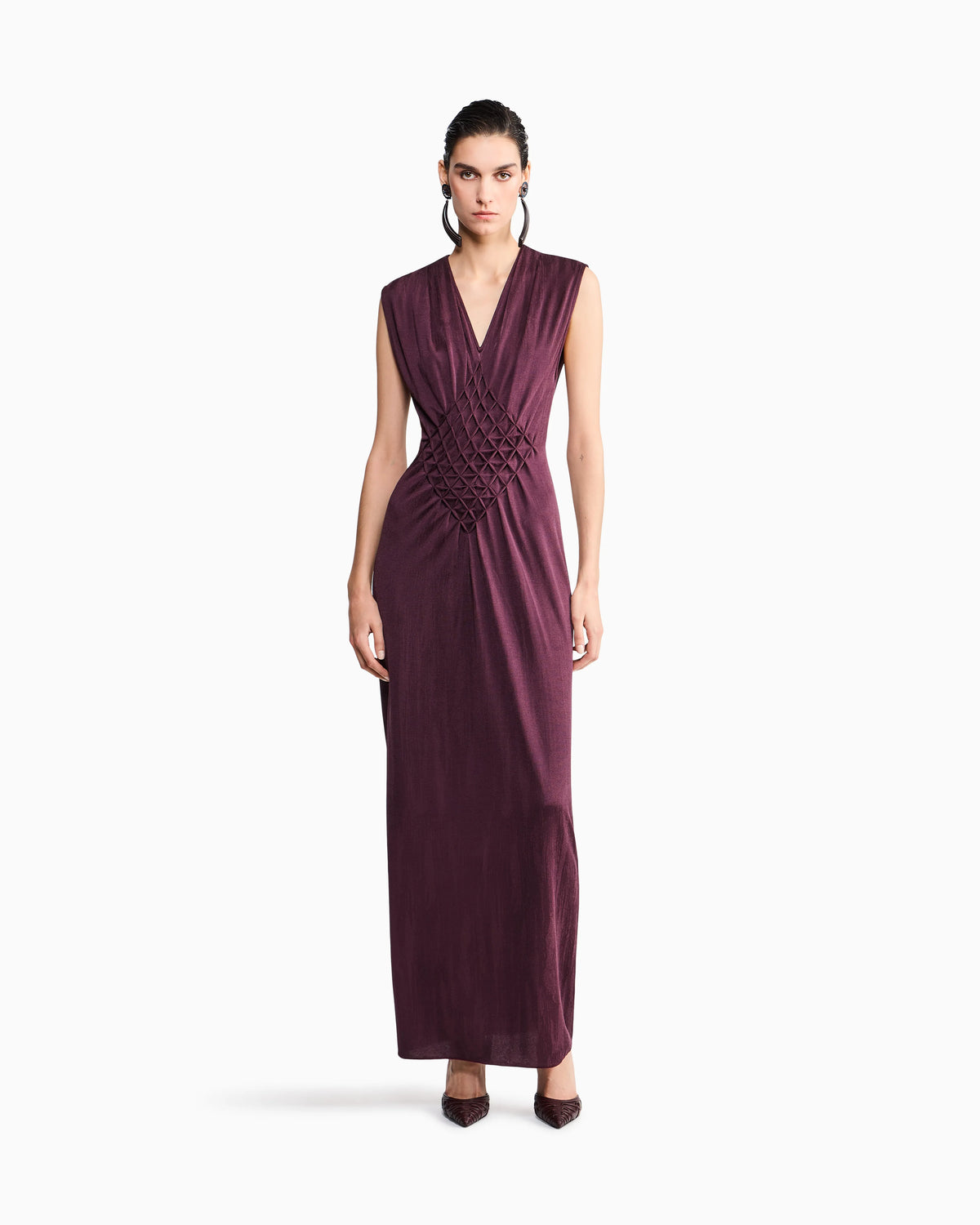 Long dress in viscose jersey with smocked honeycomb detail