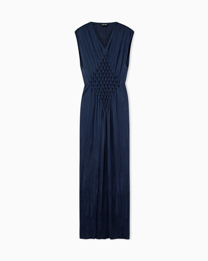 Long dress in viscose jersey with smocked honeycomb detail