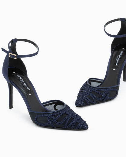 Decollete shoe with mesh satin and rhinestones