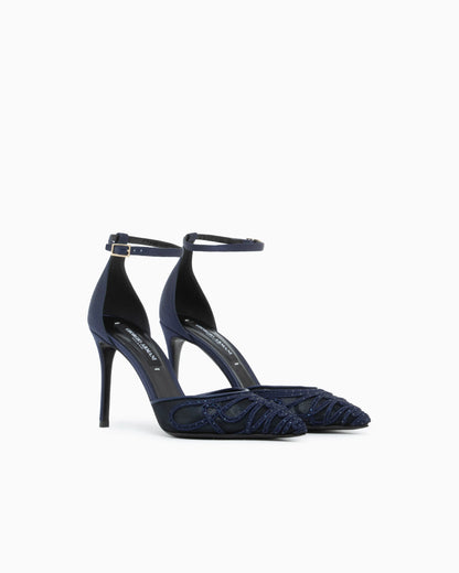 Decollete shoe with mesh satin and rhinestones