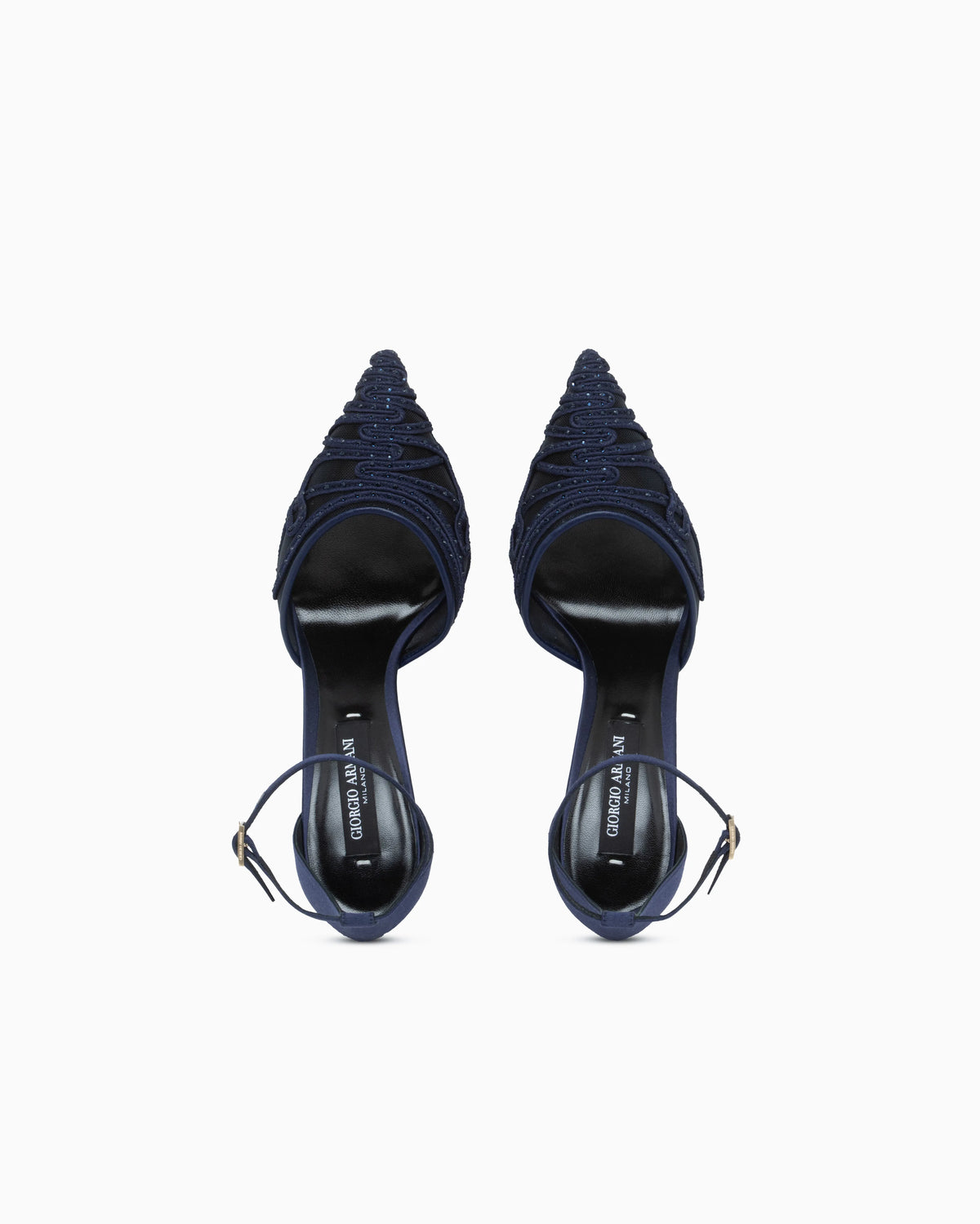Decollete shoe with mesh satin and rhinestones