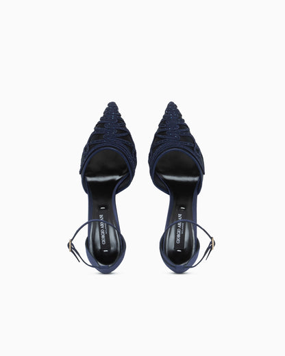 Decollete shoe with mesh satin and rhinestones