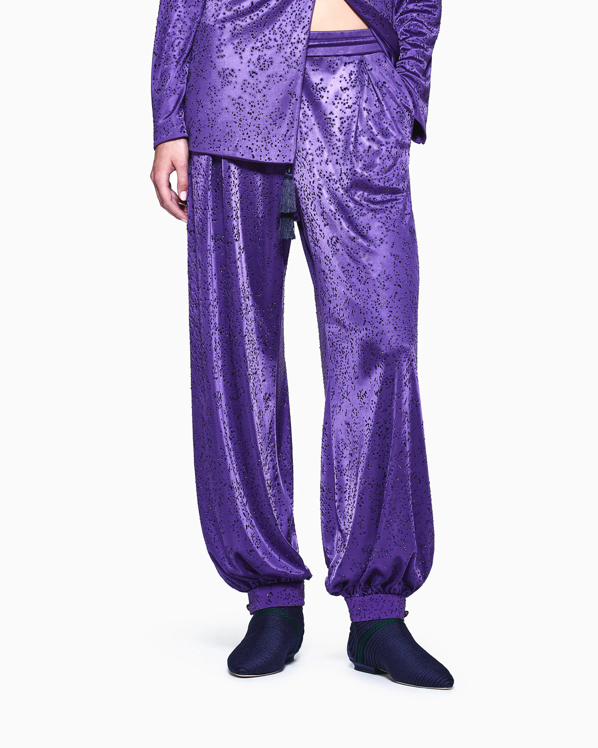 Viscose jersey trousers with rhinestones