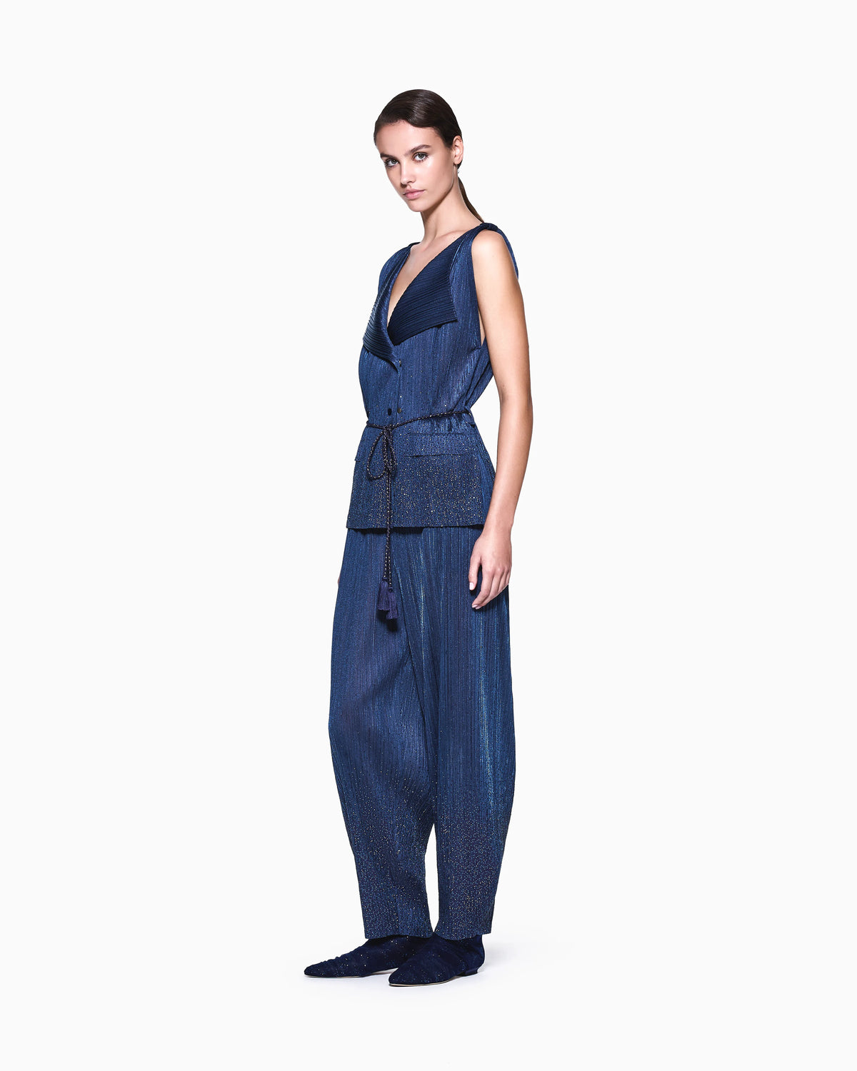 Double-breasted waistcoat in pleated jersey with rhinestones
