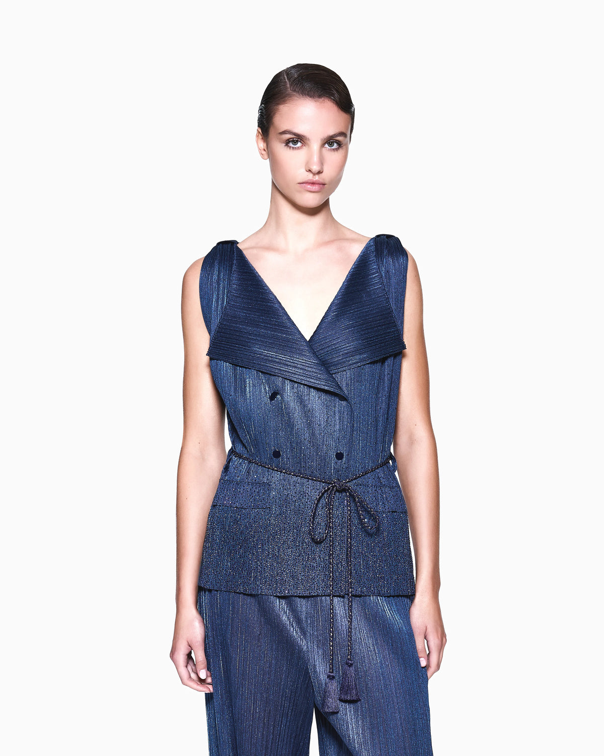 Double-breasted waistcoat in pleated jersey with rhinestones