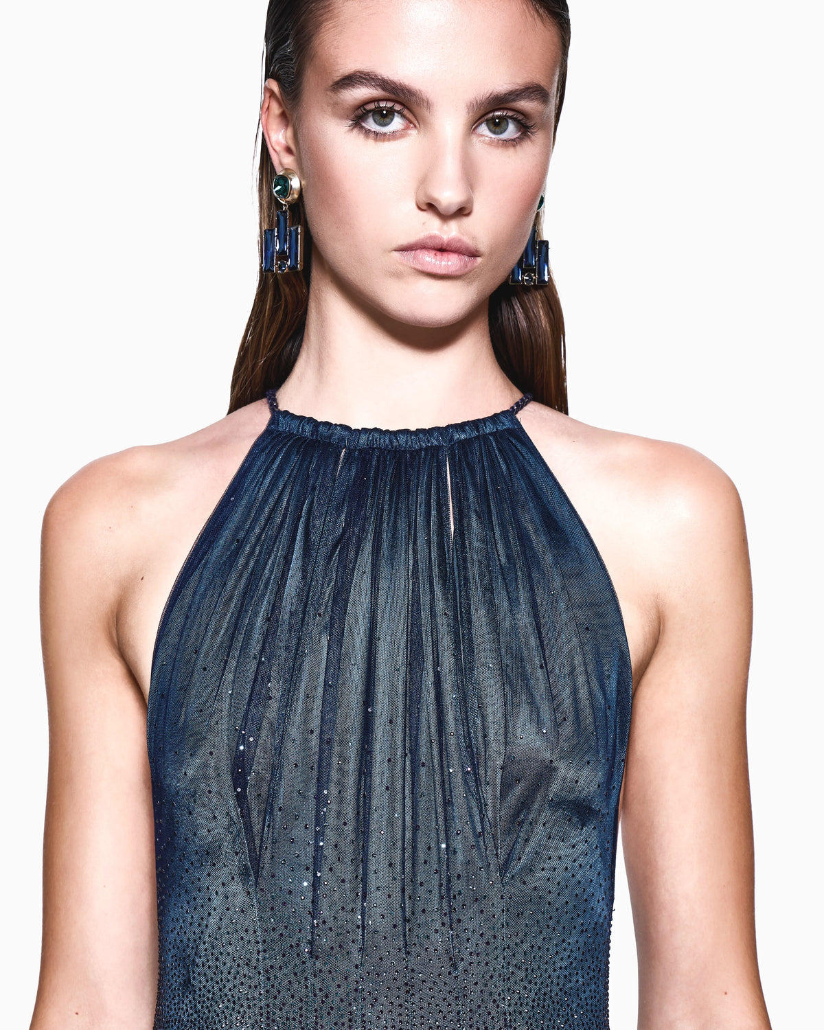 Viscose jersey long dress with rhinestones