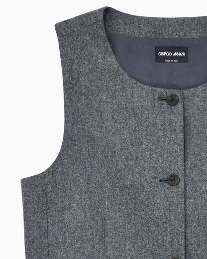 Crew Neck Vest in Wool and Cashmere Flannel with Buttons