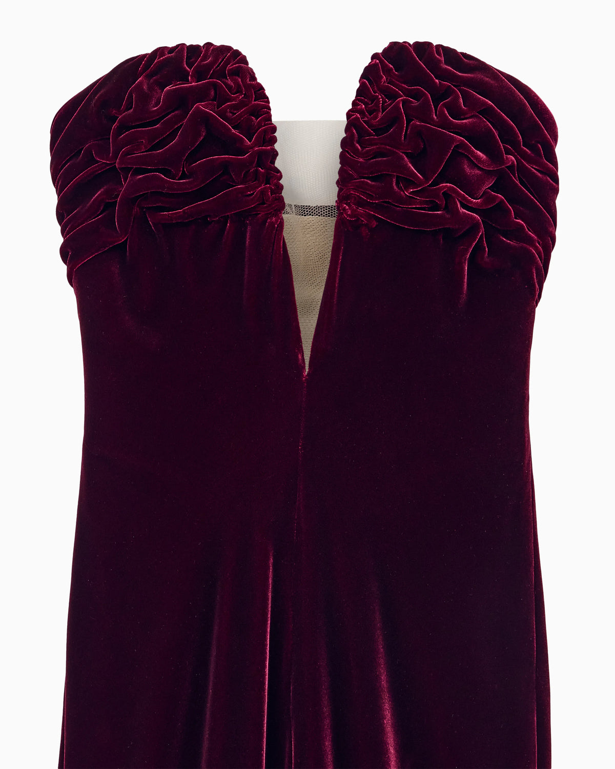 Long bustier dress in silk velvet with illusion tulle