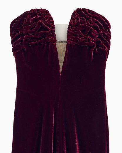 Long bustier dress in silk velvet with illusion tulle