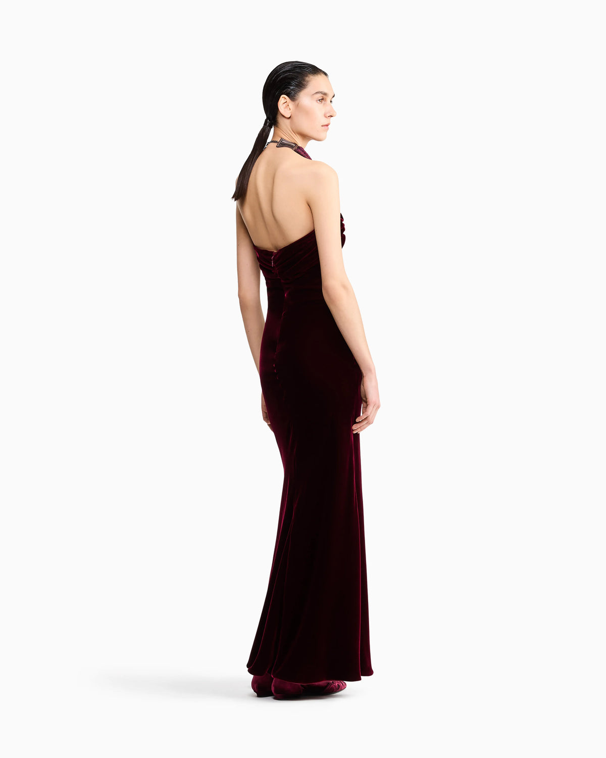 Long bustier dress in silk velvet with illusion tulle