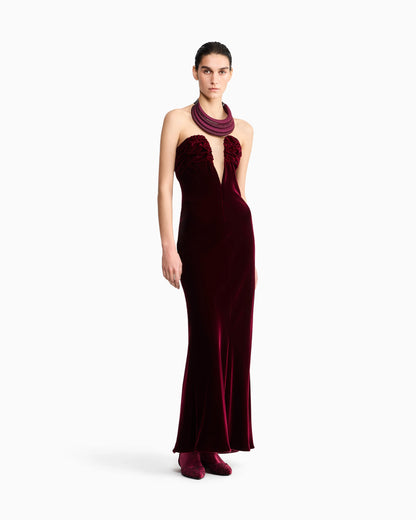 Long bustier dress in silk velvet with illusion tulle