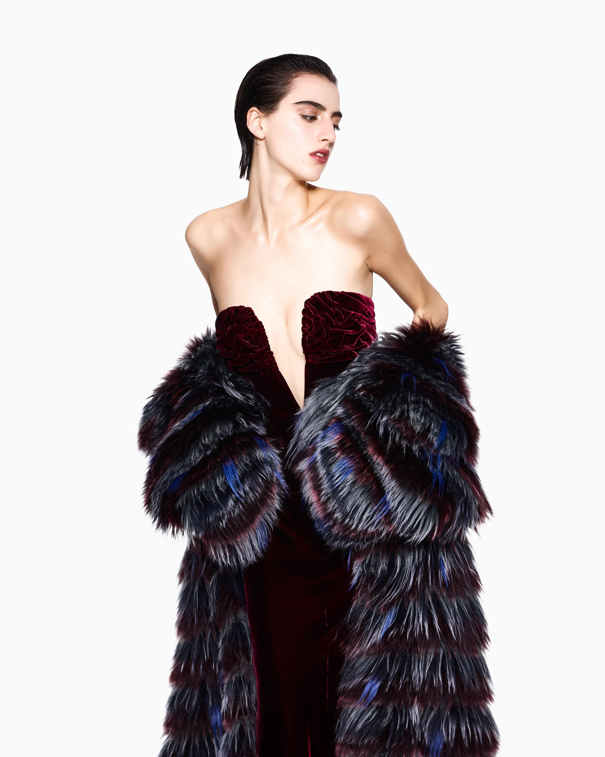 Long bustier dress in silk velvet with illusion tulle