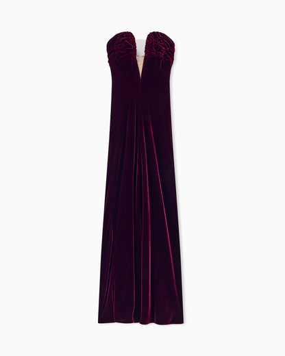 Long bustier dress in silk velvet with illusion tulle