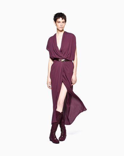 Dress longuette in silk triple georgette with front draping