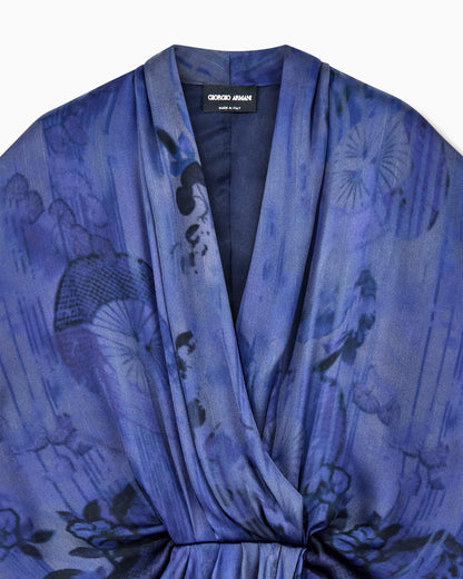 Draped silk dress with deep neckline and batik flower print