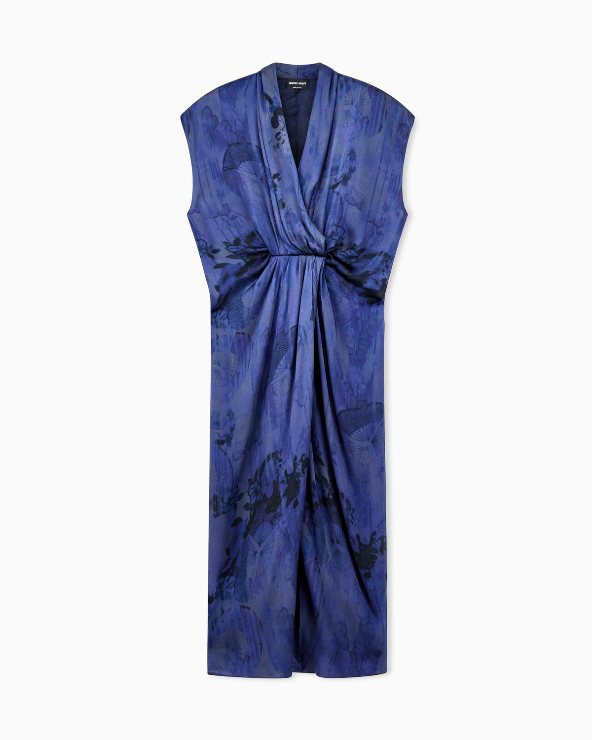 Draped silk dress with deep neckline and batik flower print