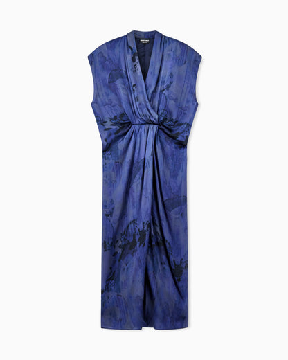 Draped silk dress with deep neckline and batik flower print