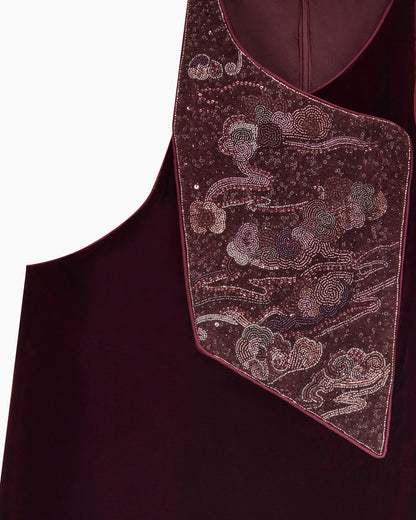 Embroidered Velvet Evening Dress with Beads and Sequins