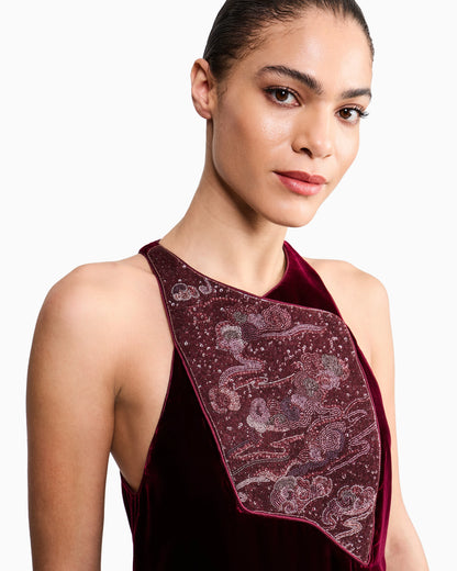 Embroidered Velvet Evening Dress with Beads and Sequins