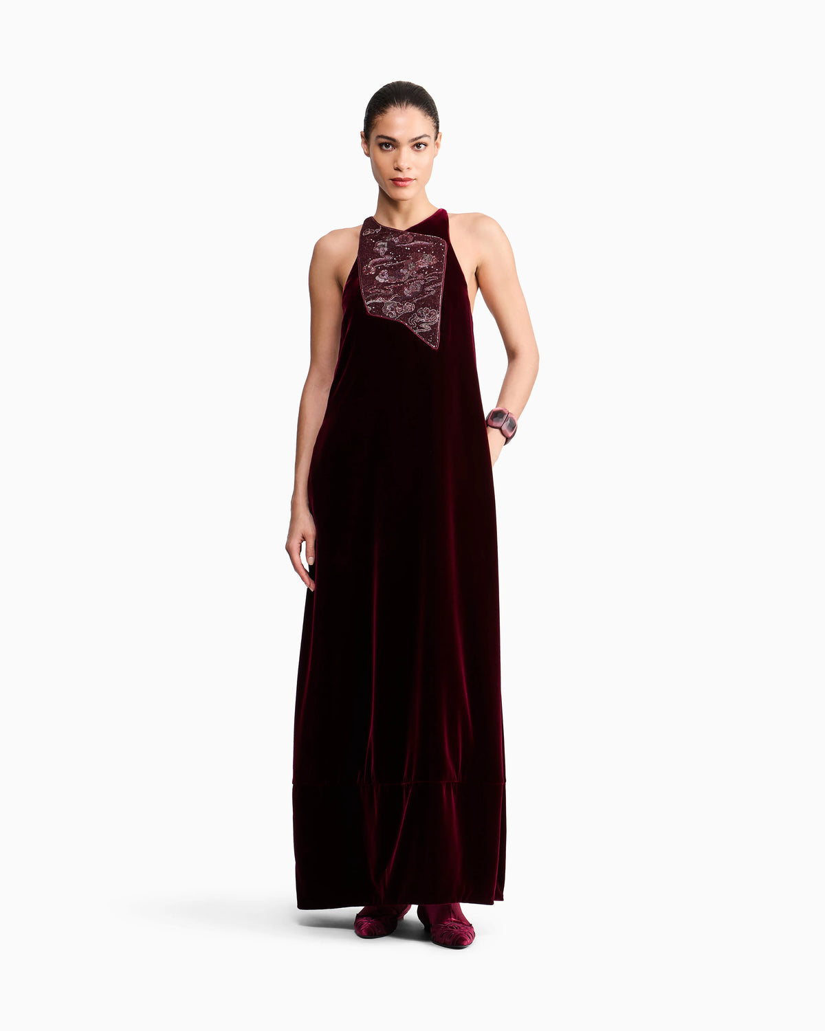 Embroidered Velvet Evening Dress with Beads and Sequins