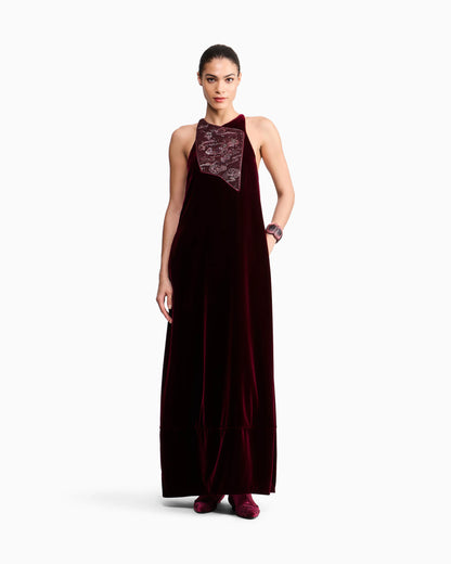Embroidered Velvet Evening Dress with Beads and Sequins
