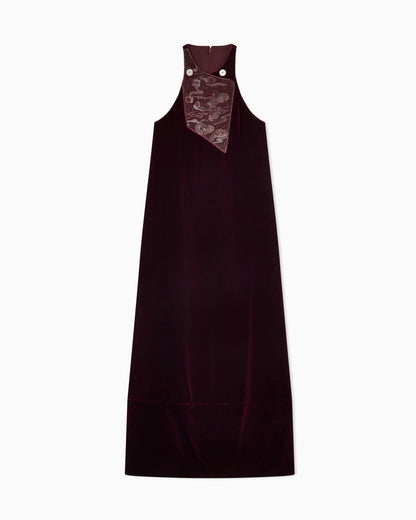 Embroidered Velvet Evening Dress with Beads and Sequins