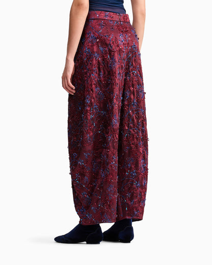 Wide-leg viscose pants with floral embroidery and sequins