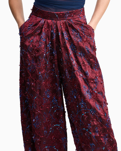 Wide-leg viscose pants with floral embroidery and sequins