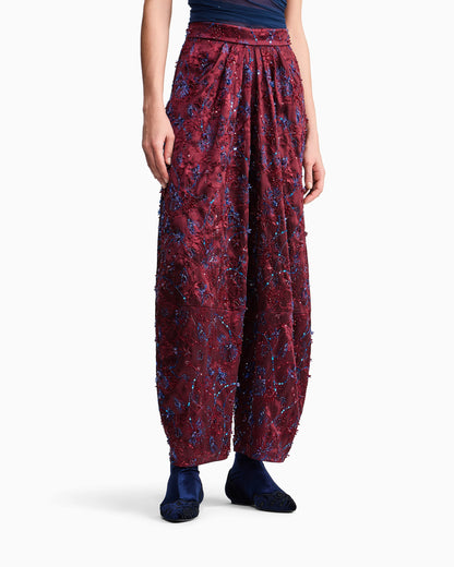 Wide-leg viscose pants with floral embroidery and sequins
