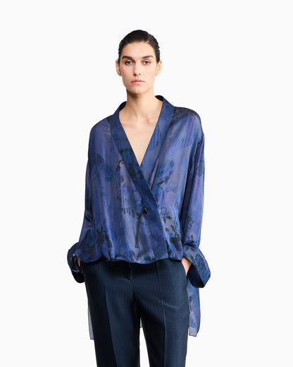Shirt asymmetrical oversized in floral silk charmeuse