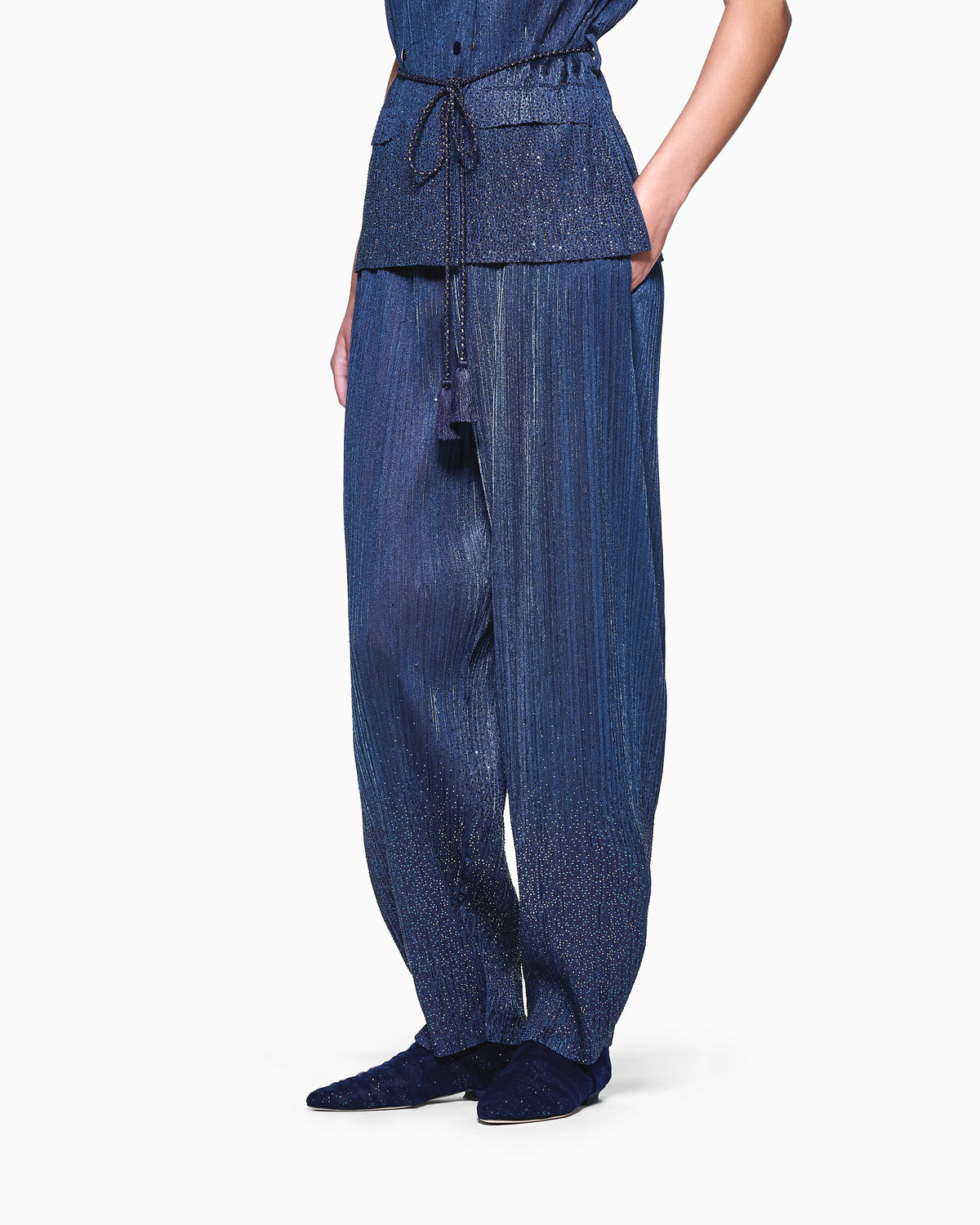 Pleated jersey trousers with rhinestones