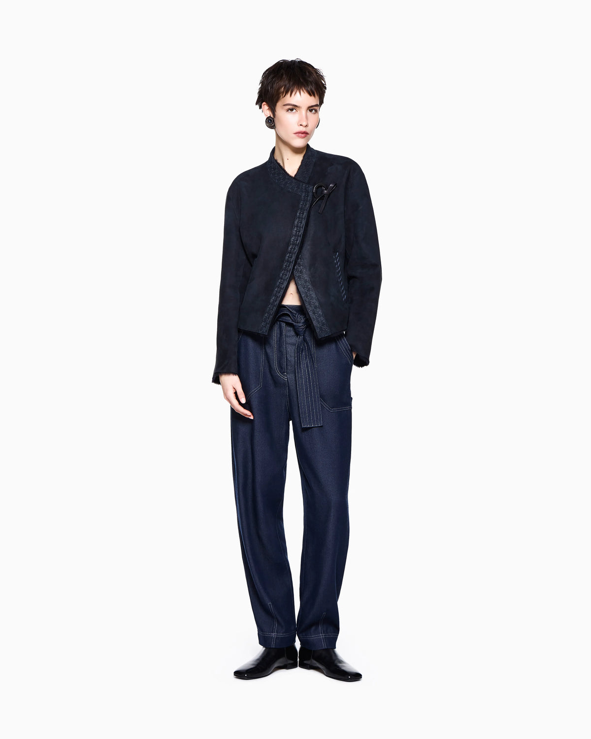 Cargo jeans with a belt in denim-effect lyocell gabardine