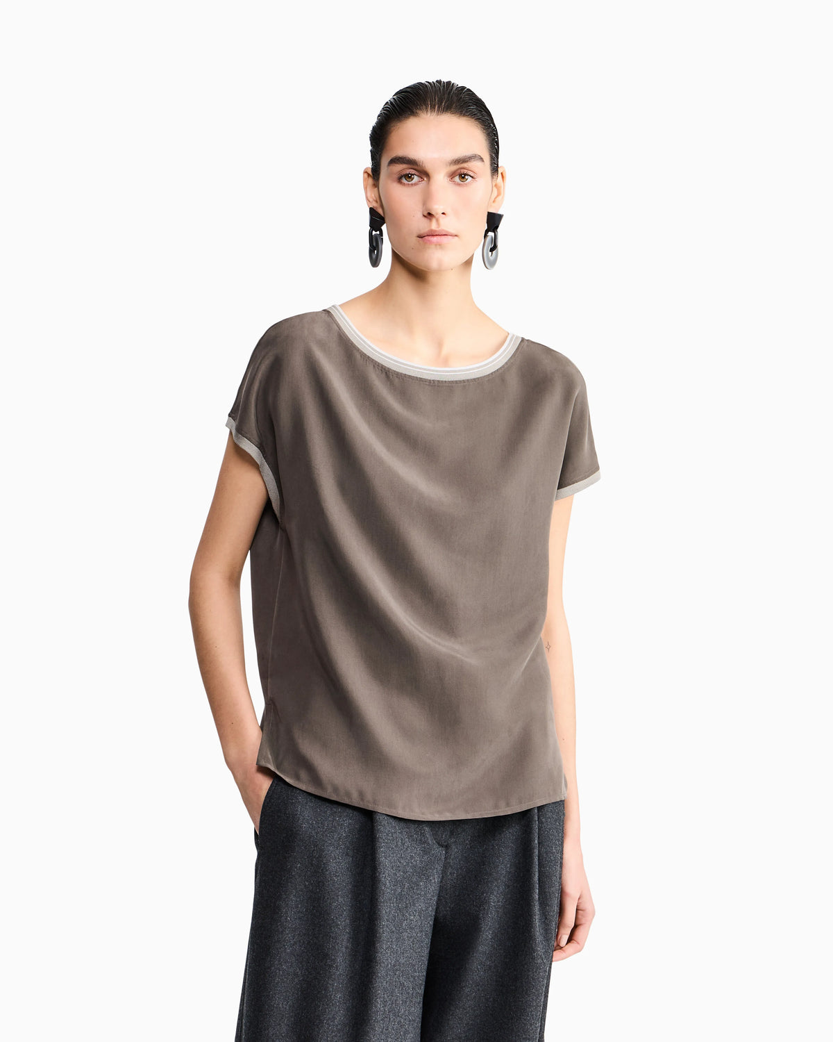 Blouse regular fit heavy washed silk ribbed crew neck