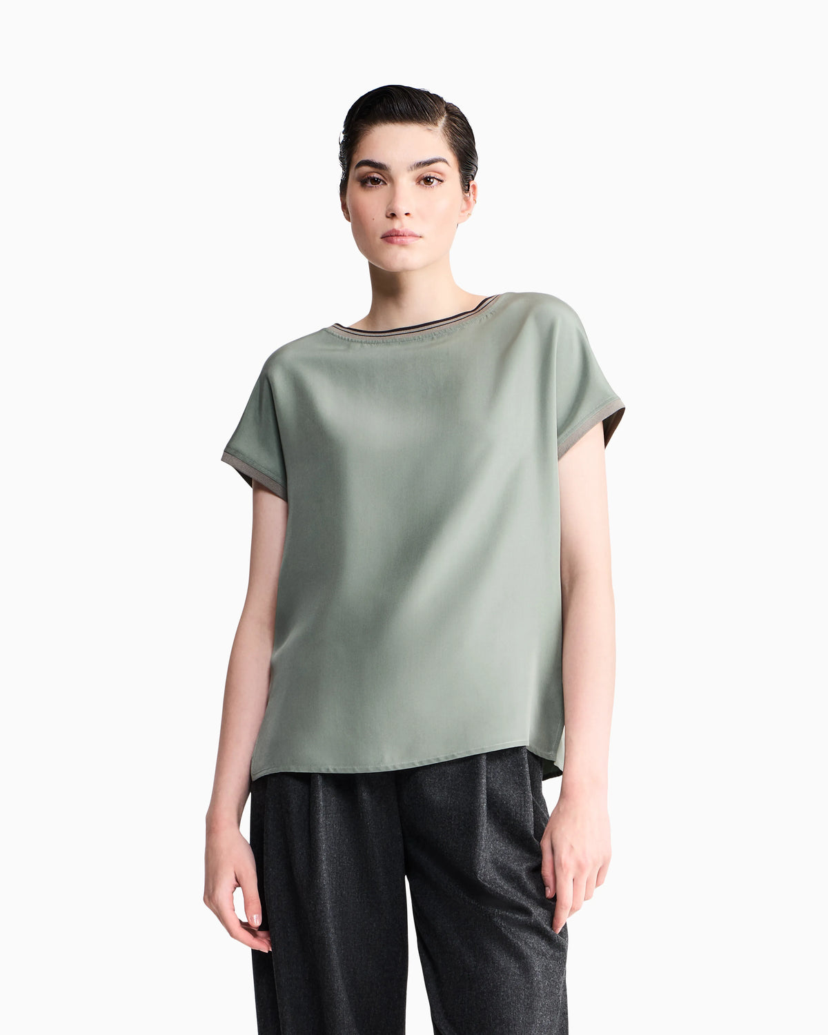 Blouse regular fit heavy washed silk ribbed crew neck