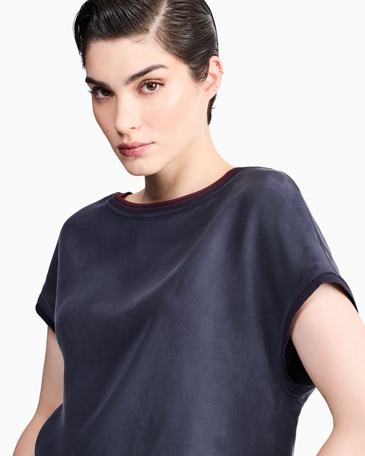 Blouse regular fit heavy washed silk ribbed crew neck