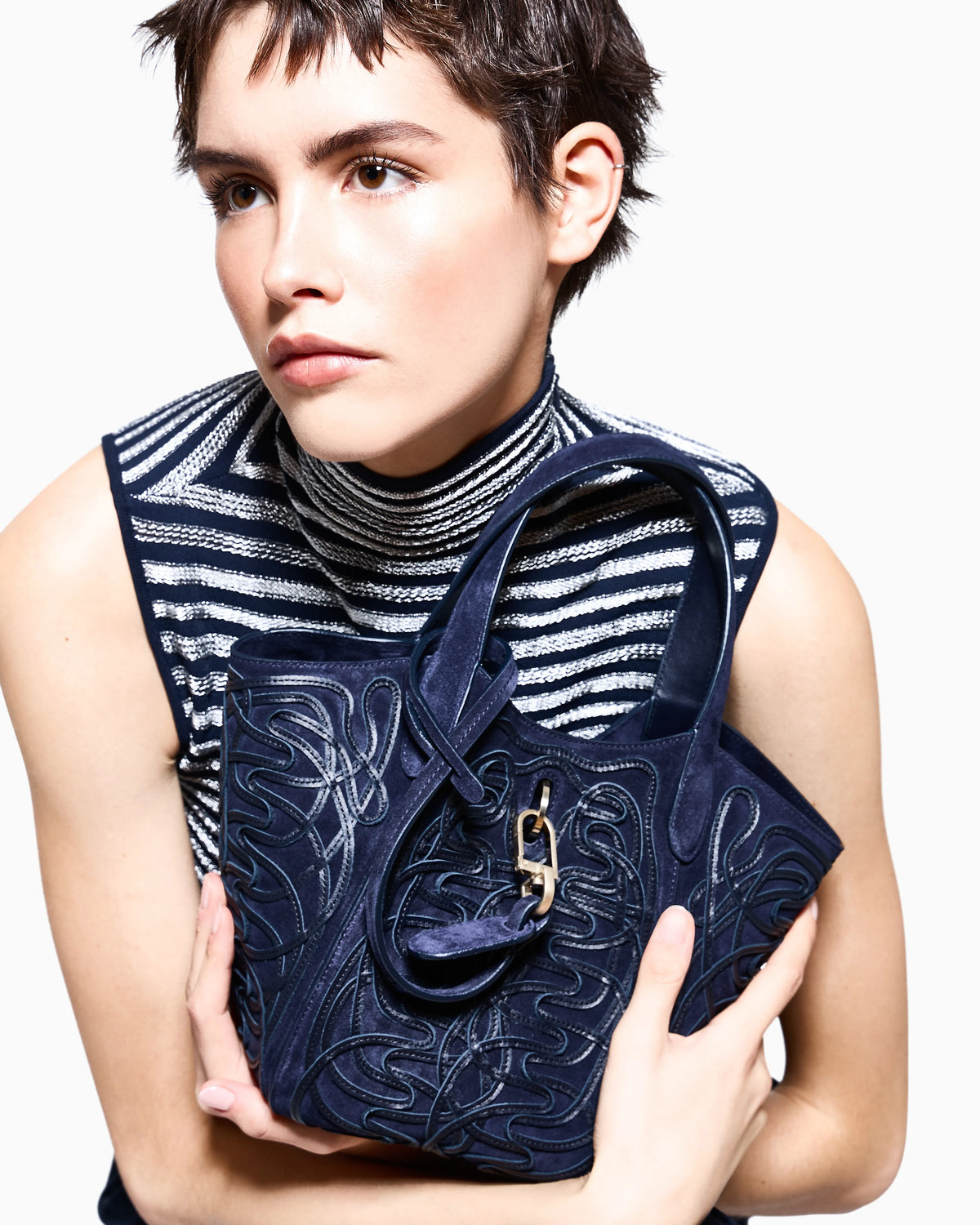 Knit top slim fit sleeveless turtleneck in striped viscose