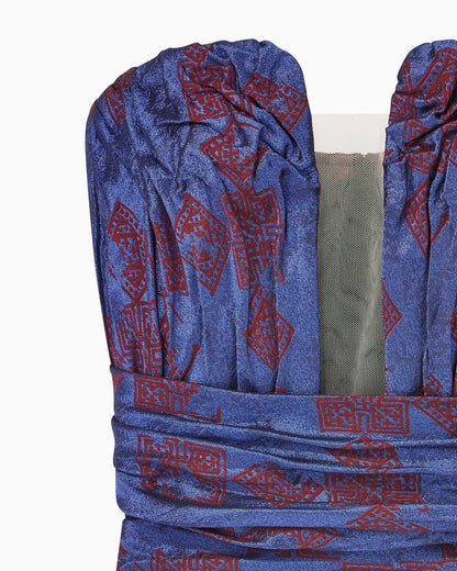 Ruched Jacquard Bustier Top with Geometric Pattern