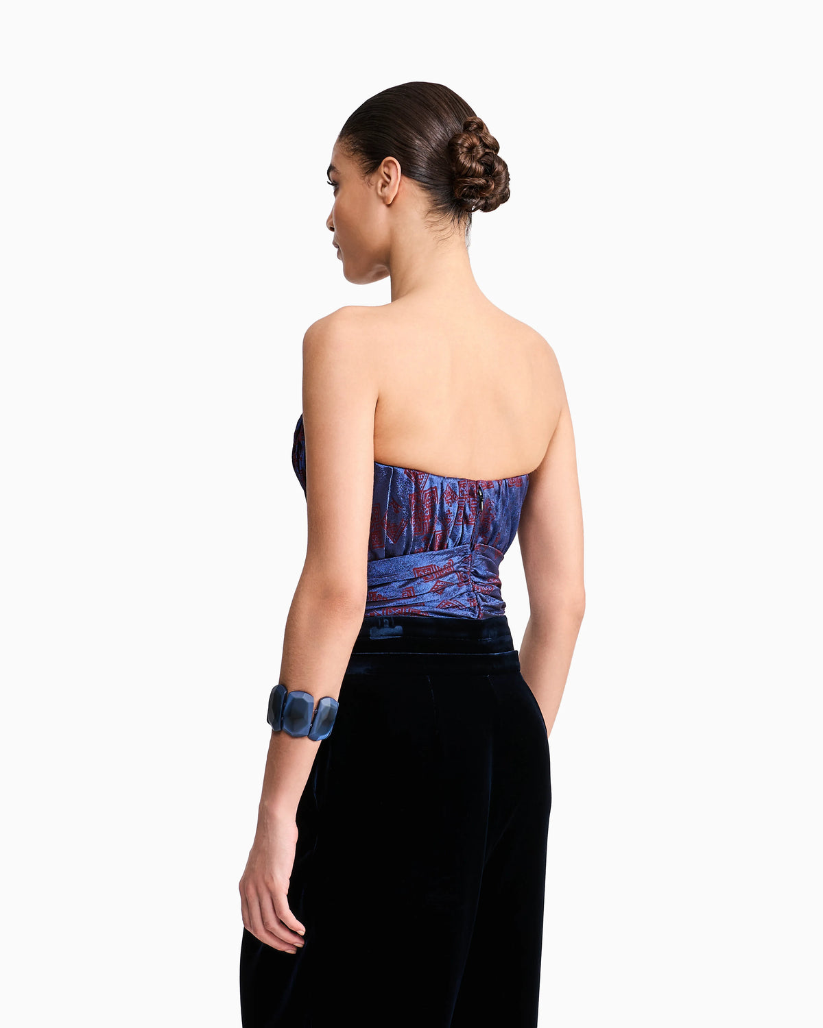 Ruched Jacquard Bustier Top with Geometric Pattern