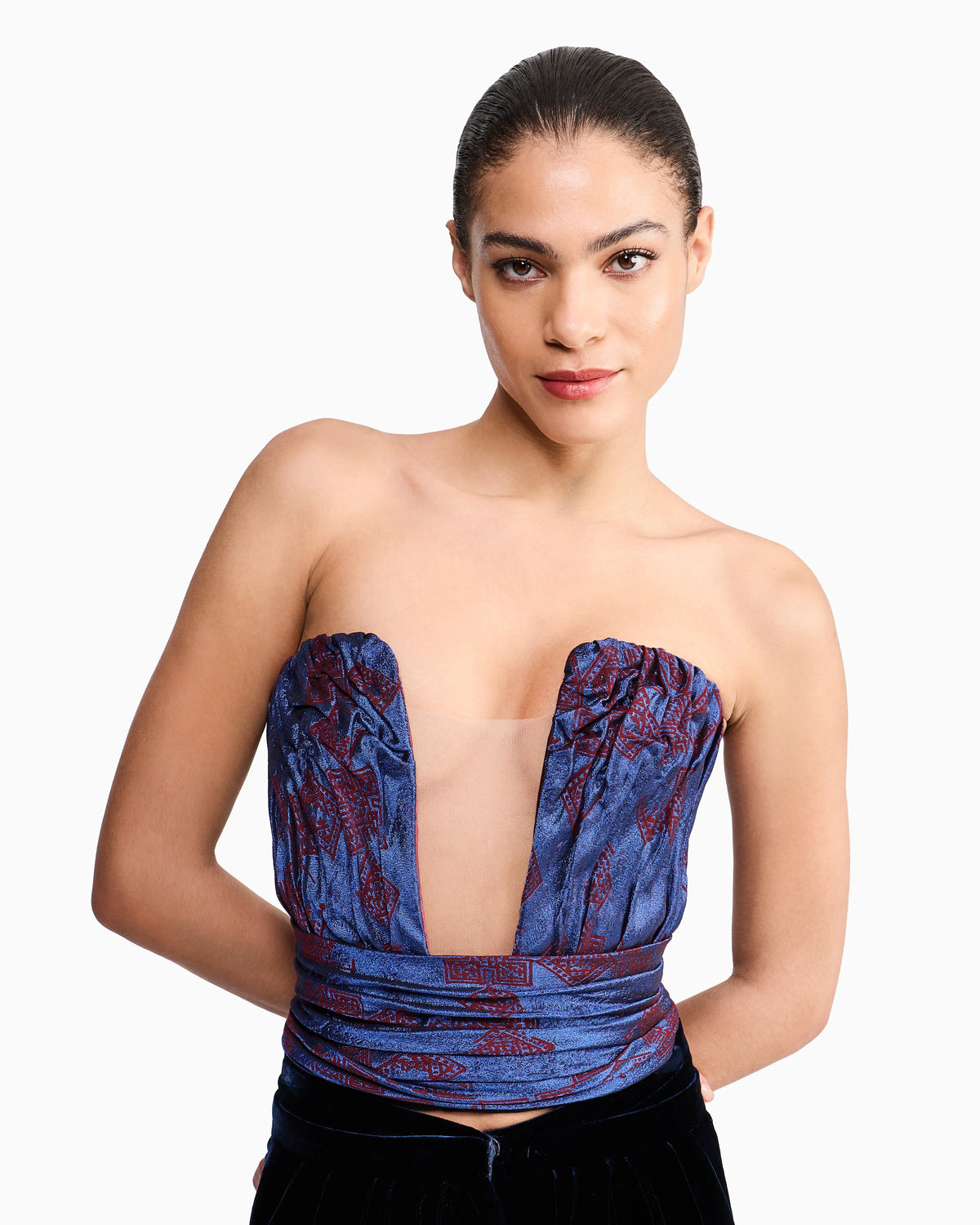 Ruched Jacquard Bustier Top with Geometric Pattern