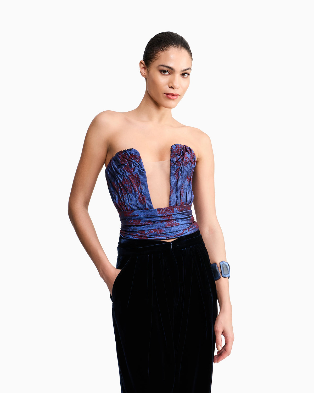 Ruched Jacquard Bustier Top with Geometric Pattern